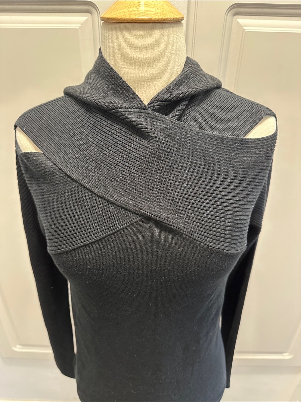 Armani Exchange Charcoal Black Off-Shoulder Ribbed Crossover Sweater - Picture 2 of 6